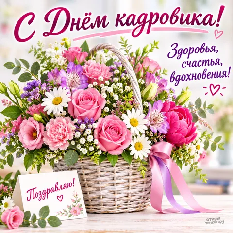 Открытка «С днём кадровика, корзина с букетом» — День кадрового работника в России
