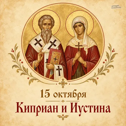 Открытка «Киприан и Иустина, 15 октября, круглая икона» — Священномученик Киприан и мученица Иустина