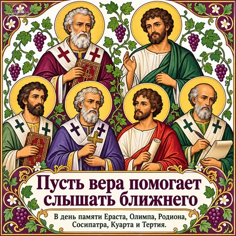 Открытка «Апостолы Ераст Олимп Родион Сосипатр Куарт и Тертий, образы в рамке из виноградной лозы» — День памяти апостолов от 70-ти Ераста, Олимпа, Родиона и прочих