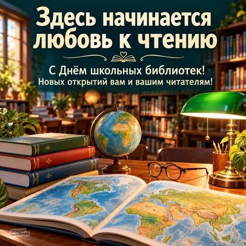 Открытка «День школьных библиотек, глобус и атлас на столе, зелёная лампа и очки, любовь к чтению и новые открытия»