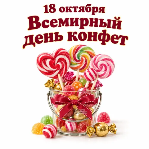 Открытка «Всемирный день конфет, 18 октября, стеклянное ведёрко с леденцами в бант»