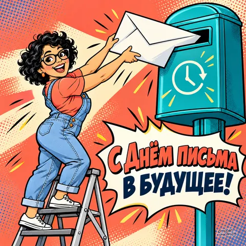 Открытка «День написания письма в будущее, девушка на стремянке кладет письмо в ящик»