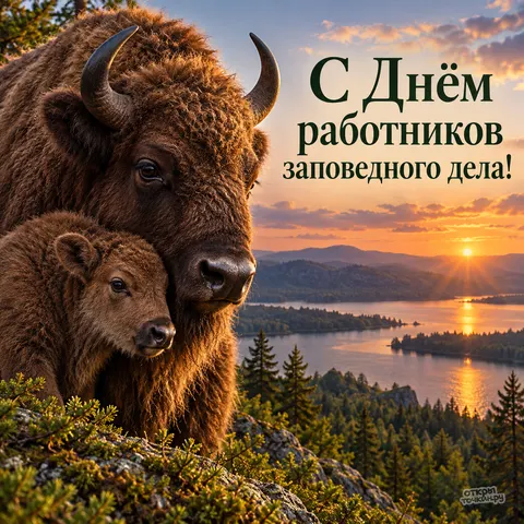 Открытка «День заповедного дела, зубр с телёнком на скале на фоне заката над озером» — День работников заповедного дела