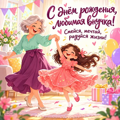 Открытка «День рождения» — Танец бабушки и внучки на празднике
