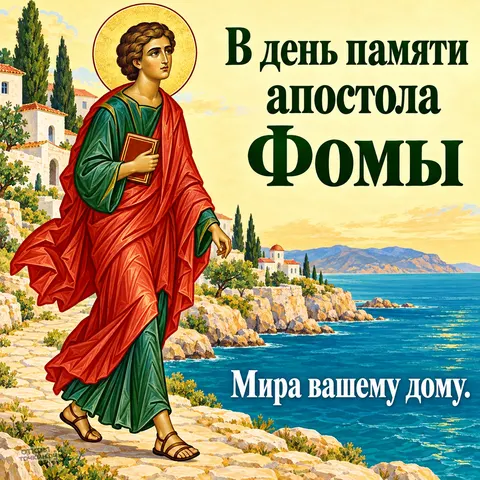 Открытка «День памяти апостола Фомы, апостол Фома идет по берегу с книгой» — День памяти святого апостола Фомы