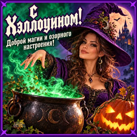 Открытка «Хэллоуин, ведьма у котла, зелёное зелье, тыква, замок и луна, добрая магия и озорное настроение»