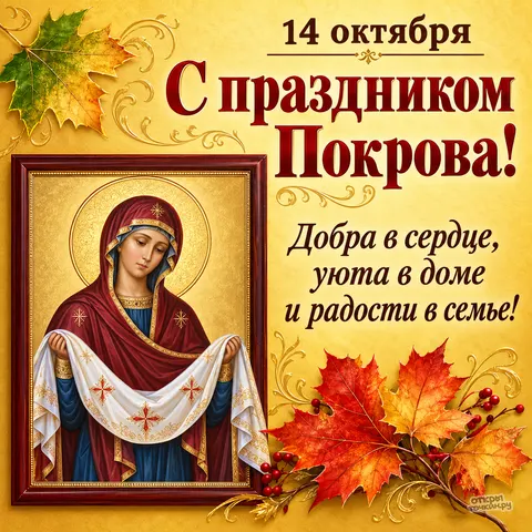 Открытка «Икона Покрова и кленовые листья» — Покров Пресвятой Богородицы