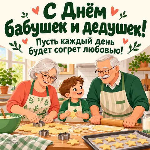 Открытка «День бабушек и дедушек, звёздочки на кухне, бабушка дедушка и внук»