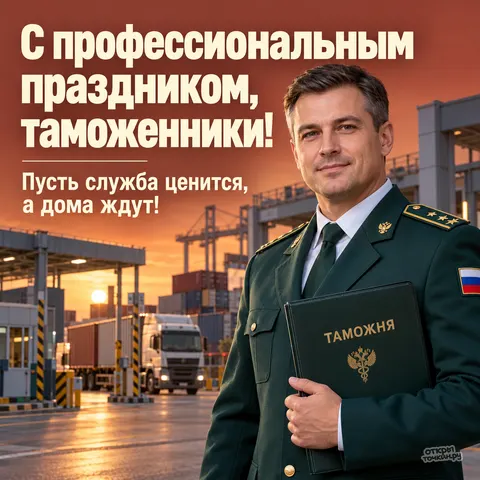 Открытка «День таможенника, портрет с папкой ТАМОЖНЯ, грузовики и закат в порту» — День таможенника Российской Федерации