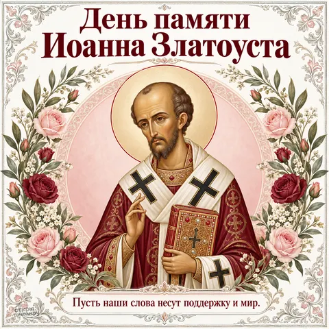 Открытка «День памяти Иоанна Златоуста, образ святителя в венке из роз и пожелание мира»