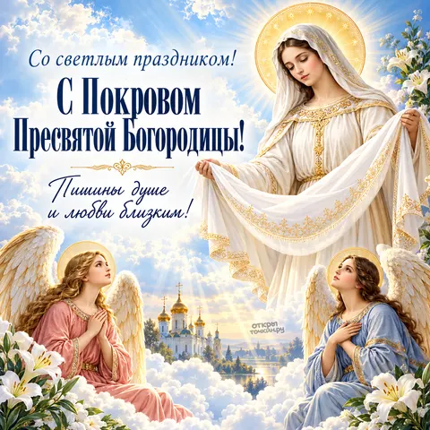 Открытка «Покров Богородицы над ангелами и облаками» — Покров Пресвятой Богородицы