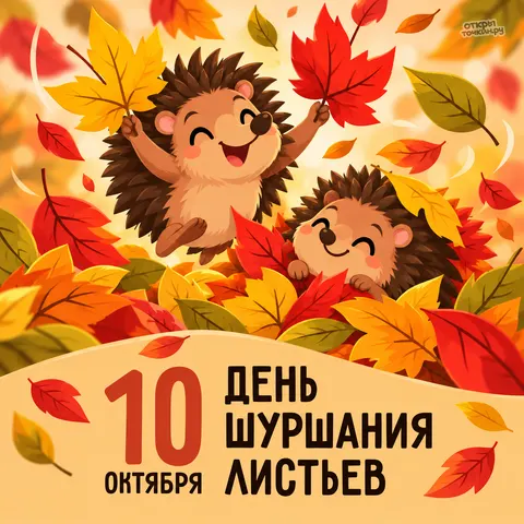 Открытка «День шуршания листьев, два весёлых ёжика»