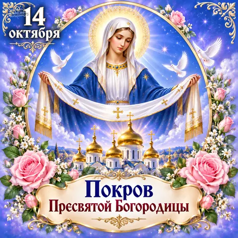 Открытка «Покров Пресвятой Богородицы, Богородица с омофором над золотыми куполами, розы и голуби, 14 октября»