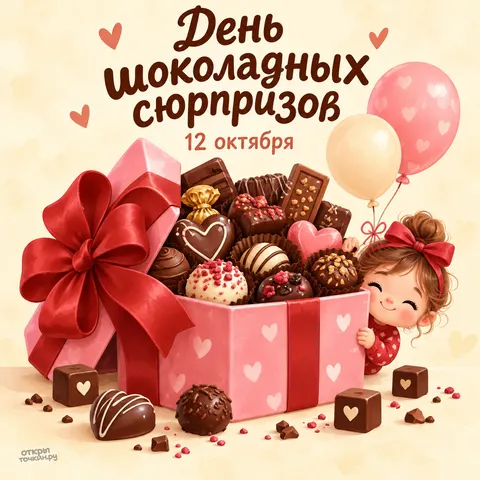 Открытка «С днём шоколадных сюрпризов, девочка у коробки конфет»