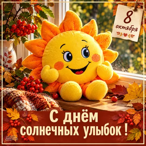 Открытка «С днём солнечных улыбок, плюшевое солнышко и рябина»