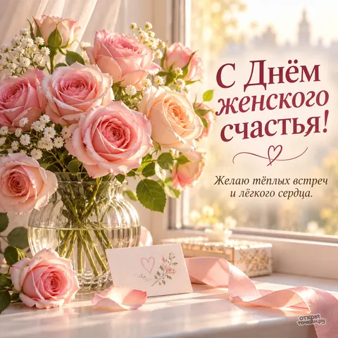 Открытка «День женского счастья, желаю тёплых встреч и лёгкого сердца, розы на подоконнике»