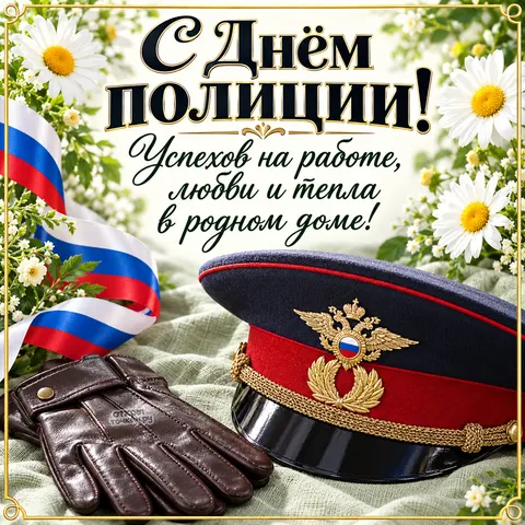 Открытка «С Днём полиции, фуражка перчатки и ромашки» — День сотрудника органов внутренних дел