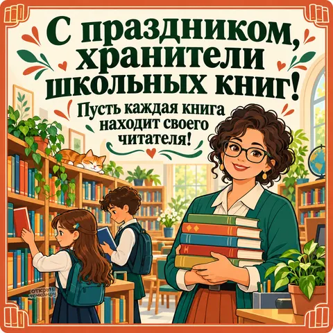 Открытка «День школьных библиотек, библиотекарь с книгами, дети у полок и спящий кот, хранители школьных книг»