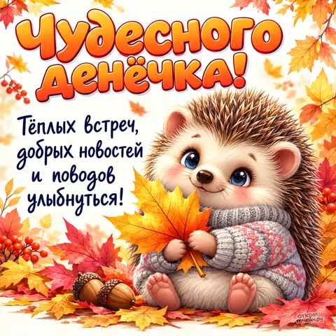Открытка «Чудесного денёчка» — ёжик с кленовым листом
