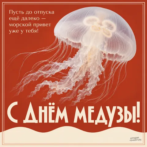 Открытка «Всемирный день медузы, белая медуза на коралловом фоне морской привет»
