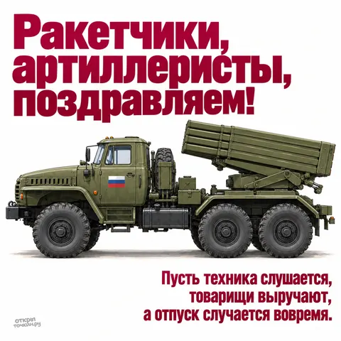 Открытка «День ракетных войск и артиллерии, град на базе урала на белом фоне»