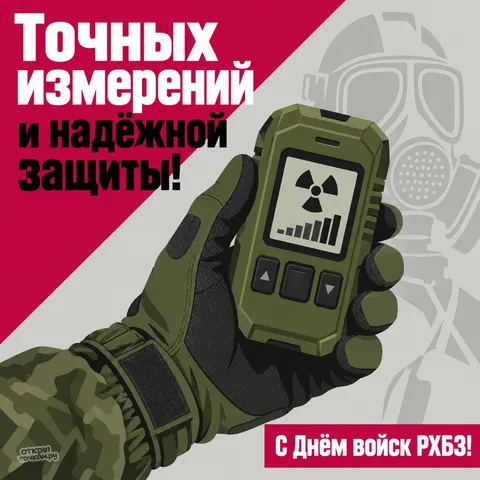 Открытка «День войск РХБЗ, дозиметр в перчатке и силуэт в противогазе на фоне» — День войск радиационной, химической и биологической защиты