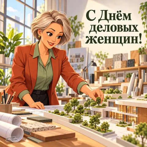 Открытка «День деловых женщин, архитектор за работой над макетом» — День деловых женщин в России