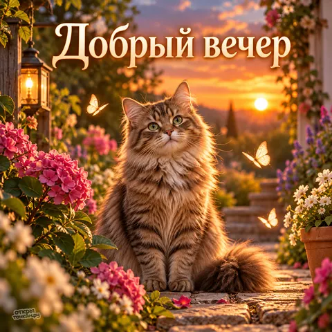 Открытка «Добрый вечер, пушистый кот среди бабочек в саду»
