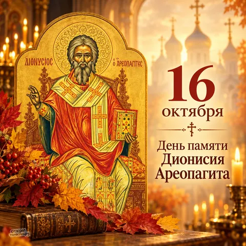 Открытка «День памяти Дионисия Ареопагита, 16 октября, осенние листья и собор» — День памяти священномученика Дионисия Ареопагита