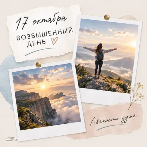 Открытка «Возвышенный день, 17 октября, коллаж с поляроидами и горами, лёгкости душе»