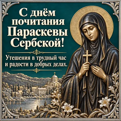Открытка «День памяти Параскевы Сербской, бронзовый образ с лилиями, монастырь у озера, утешения в трудный час и радости в добрых делах» — День памяти преподобной Параскевы Сербской