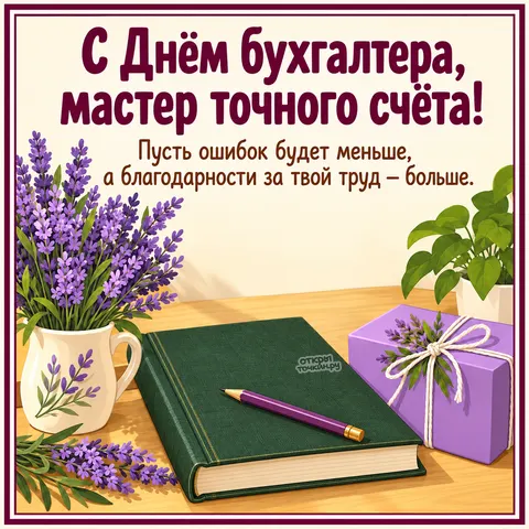 Открытка «Международный день бухгалтерии, лаванда подарок и зелёный блокнот»
