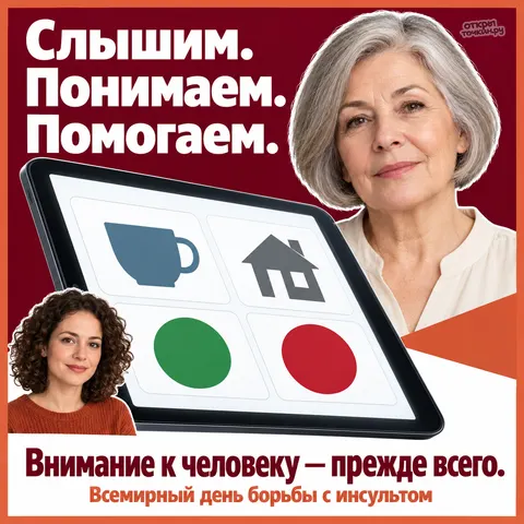 Открытка «Всемирный день борьбы с инсультом, планшет с карточками и две женщины»