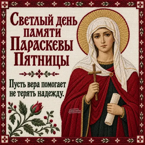 Открытка «День памяти великомученицы Параскевы наречённой Пятница, вышитая икона Параскевы с розой»