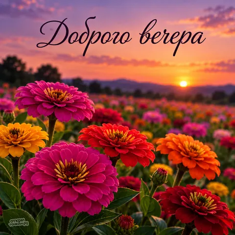 Открытка «Добрый вечер, поле ярких цинний на закате»