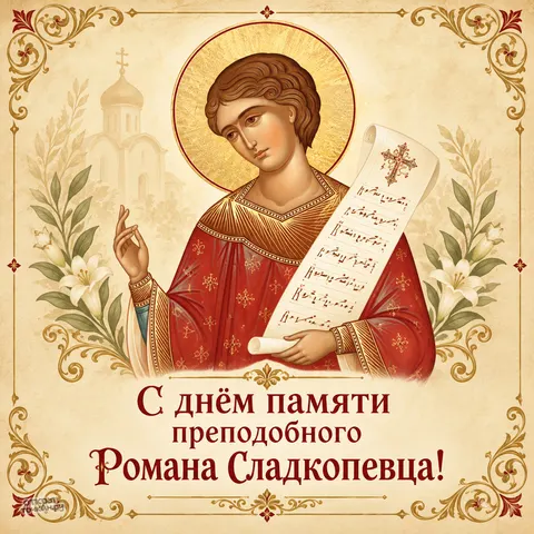 Открытка «День памяти Романа Сладкопевца, поздравление с лилиями и силуэтом храма» — День памяти преподобного Романа Сладкопевца