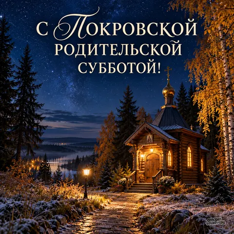Открытка «Покровская родительская суббота, деревянная часовня под звёздным небом»