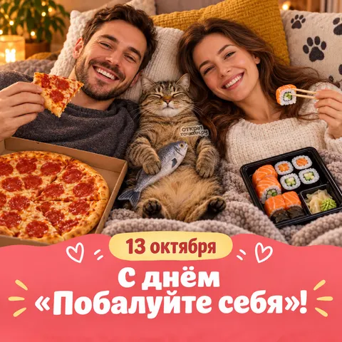 Открытка «Побалуйте себя, пара и кот с пиццей»
