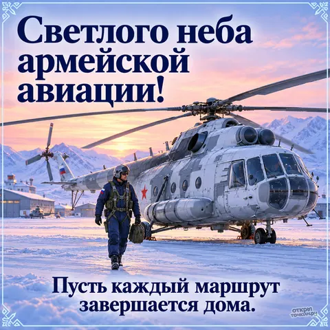 Открытка «День армейской авиации, летчик на снежном аэродроме, вертолёт и горы на закате» — День армейской авиации России