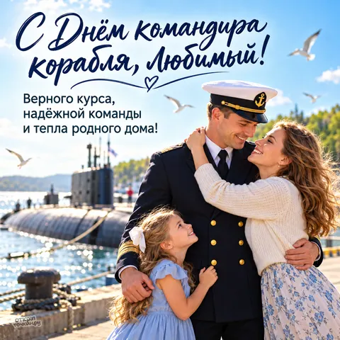 Открытка «С Днём командира корабля, командир с семьёй у подводной лодки» — День командира надводного, подводного и воздушного корабля