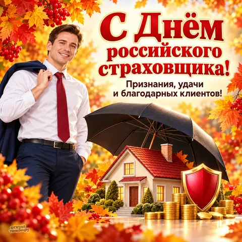 Открытка «С Днём российского страховщика, агент с зонтом на фоне золотой осени»