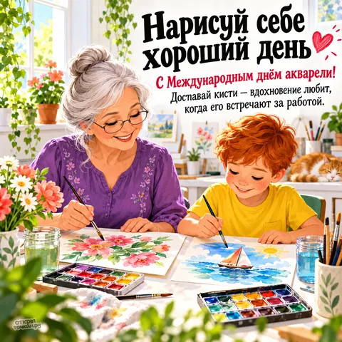 Открытка «Международный день акварели, бабушка и мальчик рисуют акварелью»
