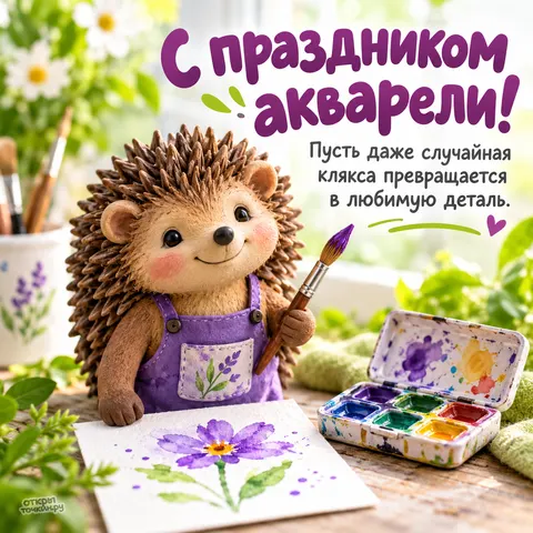 Открытка «Международный день акварели, ёжик в комбинезоне рисует цветок»