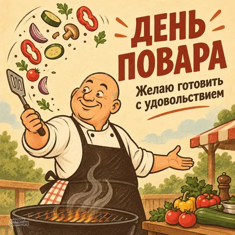 Открытка «День повара, повар жарит овощи на гриле»