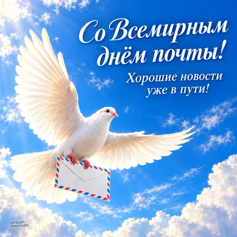 Открытка «Со Всемирным днём почты, белый голубь в синем небе»