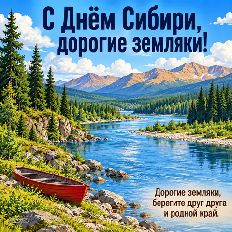 Открытка «День Сибири, красная лодка у таёжной реки и гор»