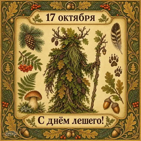Открытка «День лешего, 17 октября, лесной дух с посохом и дарами леса»