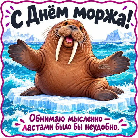 Открытка «День моржа, Морж с ластами на льдине в объятии»