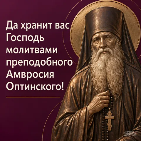 Открытка «День памяти Амвросия Оптинского, бронзовый лик с четками и крестом да хранит вас Господь молитвами преподобного»