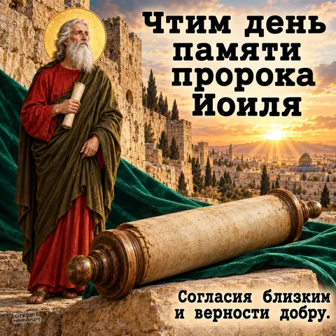 Открытка «День памяти пророка Иоиля, пророк и развёрнутый свиток у Иерусалима, согласия близким и верности добру» — День памяти святого пророка Иоиля